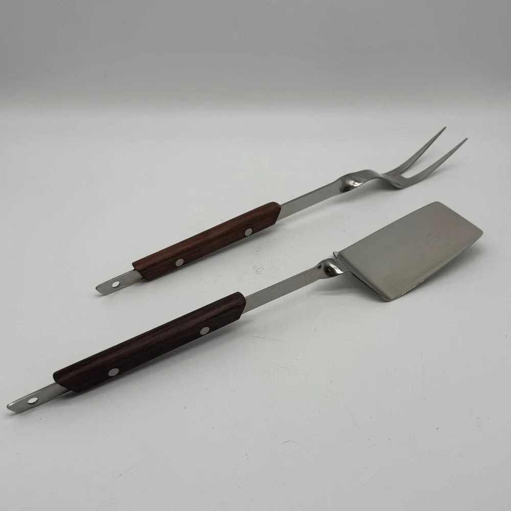 Vintage A.S. Stainless Japan BBQ Tool Set Long Wood Handle Spatula Fork 1960s